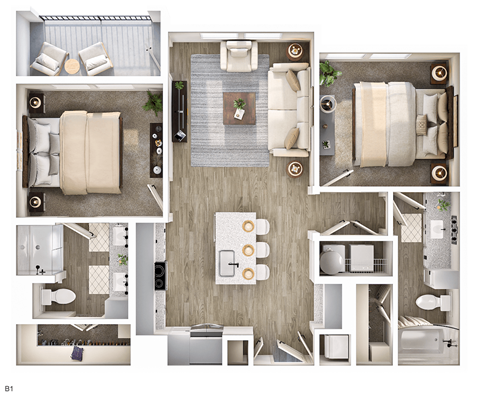 Floor plan for 2 beds, 2 baths, 974 sqft